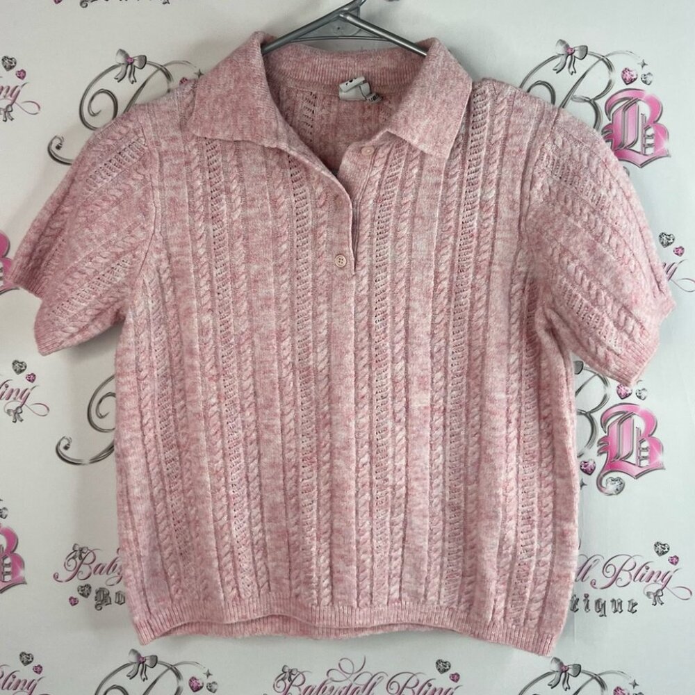 Simons knit top tshirt buttons collared white Pink Cable Knit Women's Top